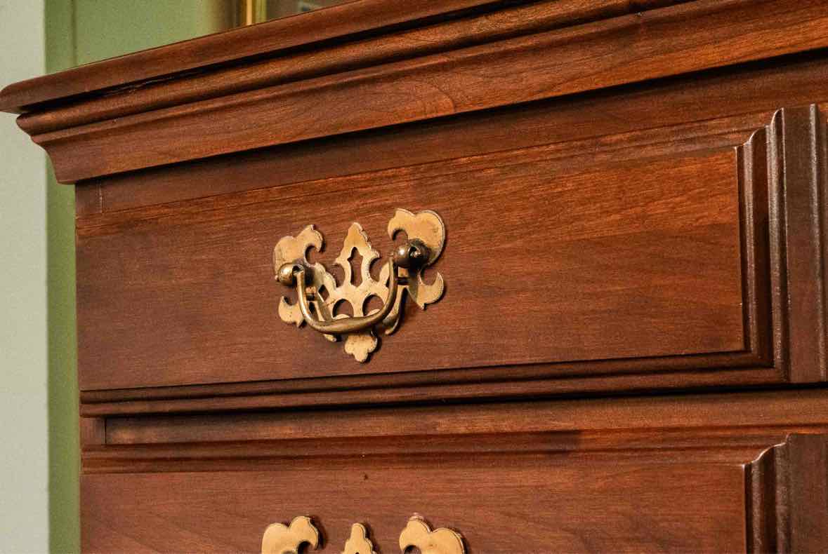 Cherry 3 Over 2 Drawer Chest 0n Chest with Brass Chippendale Pulls