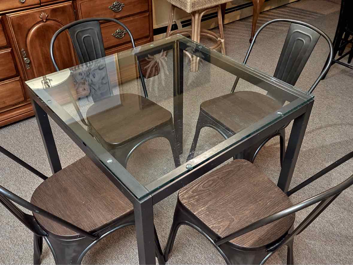 Industrial Tolix Style Metal Glass  Top Table & 4 Metal & Cypress Chair Set
