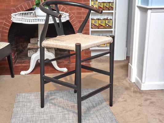 Set Of  3 Pottery Barn 'Crescent' Black Finish Synthetic Wicker Counter Stools