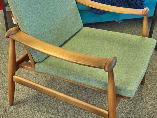 MCM Style Walnut Arm Chair in Chartreuse Green Cushions