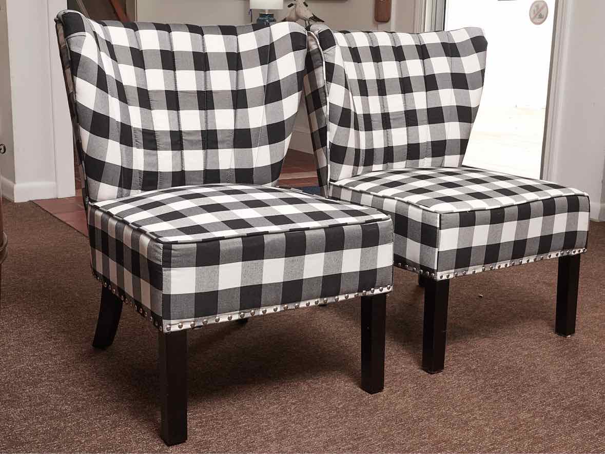 Pair Of  Black & White Buffalo Check Nailhead Trim Chairs