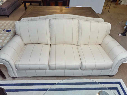 Ethan Allen 3 Cushion Cream & Taupe Stripe Rolled Arms  Sofa