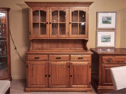 Bent Bros Colonial Oak  Hutch with 3 Glass Pane Doors & Dental Molding