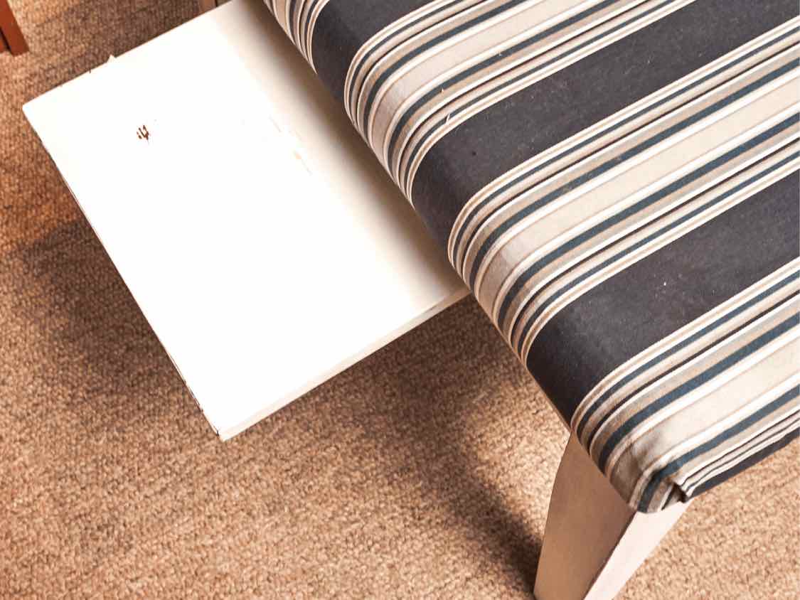 Blue Striped Fabric White Finish Legs Ottoman