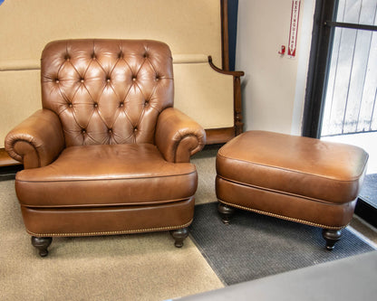 Ethan Allen 'Shaw' Leather Arm Chair & Ottoman