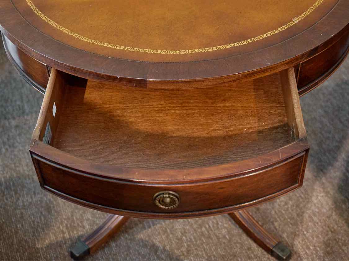 Brandt Leather Top Mahogany 1 Drawer  Round Pedestal Accent Table