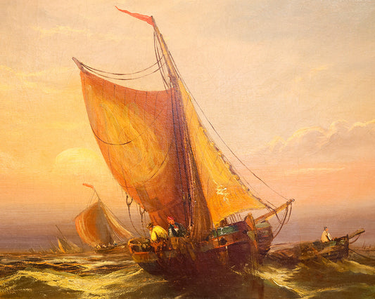 Antique Oil Painting of Ships at Sea Wall Decor