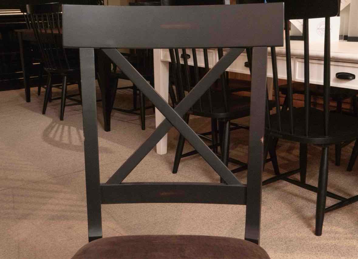 Set Of Arhaus 4 Black Finish Acacia Wood X Back Faux Leather Seat  Dining Chairs