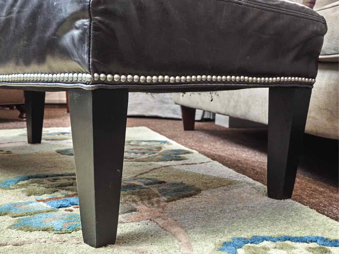 Grey Blue Leather Nailhead Trim Black Finish Legs Ottoman