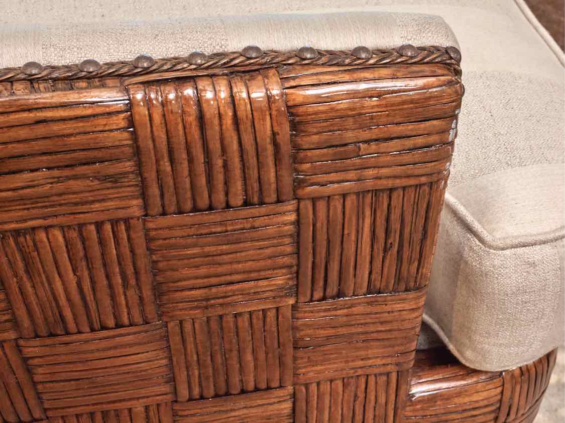 Pair Of Tommy Bahama 'Nagano '' Rattan & Stripe Upholstered Swivel Chairs