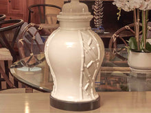 Pair Of Vintage White Glazed Ceramic Bamboo Motif Table Lamps