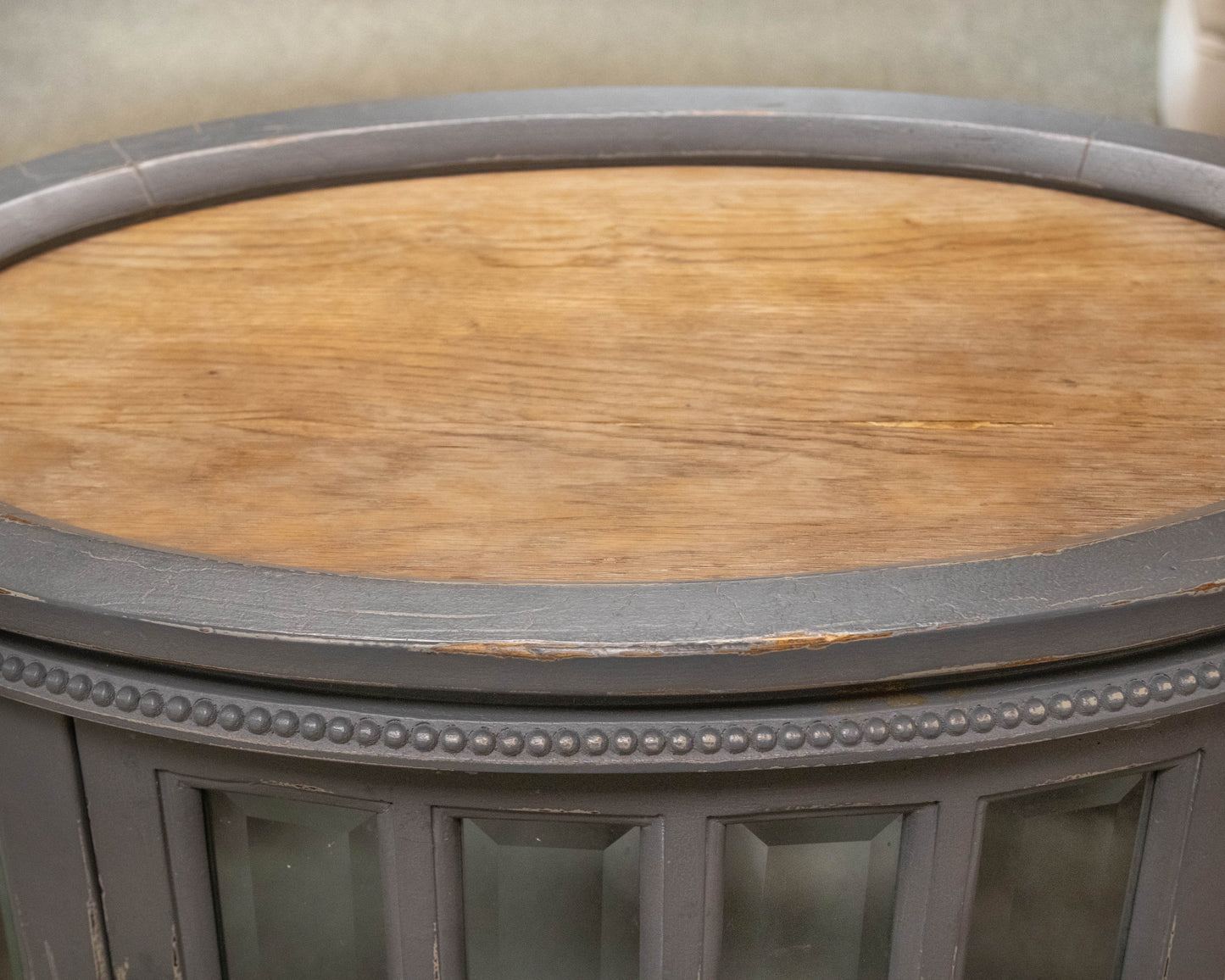 Arhaus Louise Tea Table in Grey Finish with Glass Cabinet and Tray Top