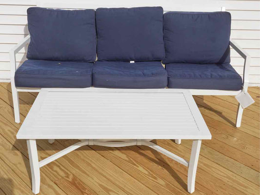 White Powered Finish Metal 3 Cushion Sunbrella Fabric Sofa & Cocktail Table