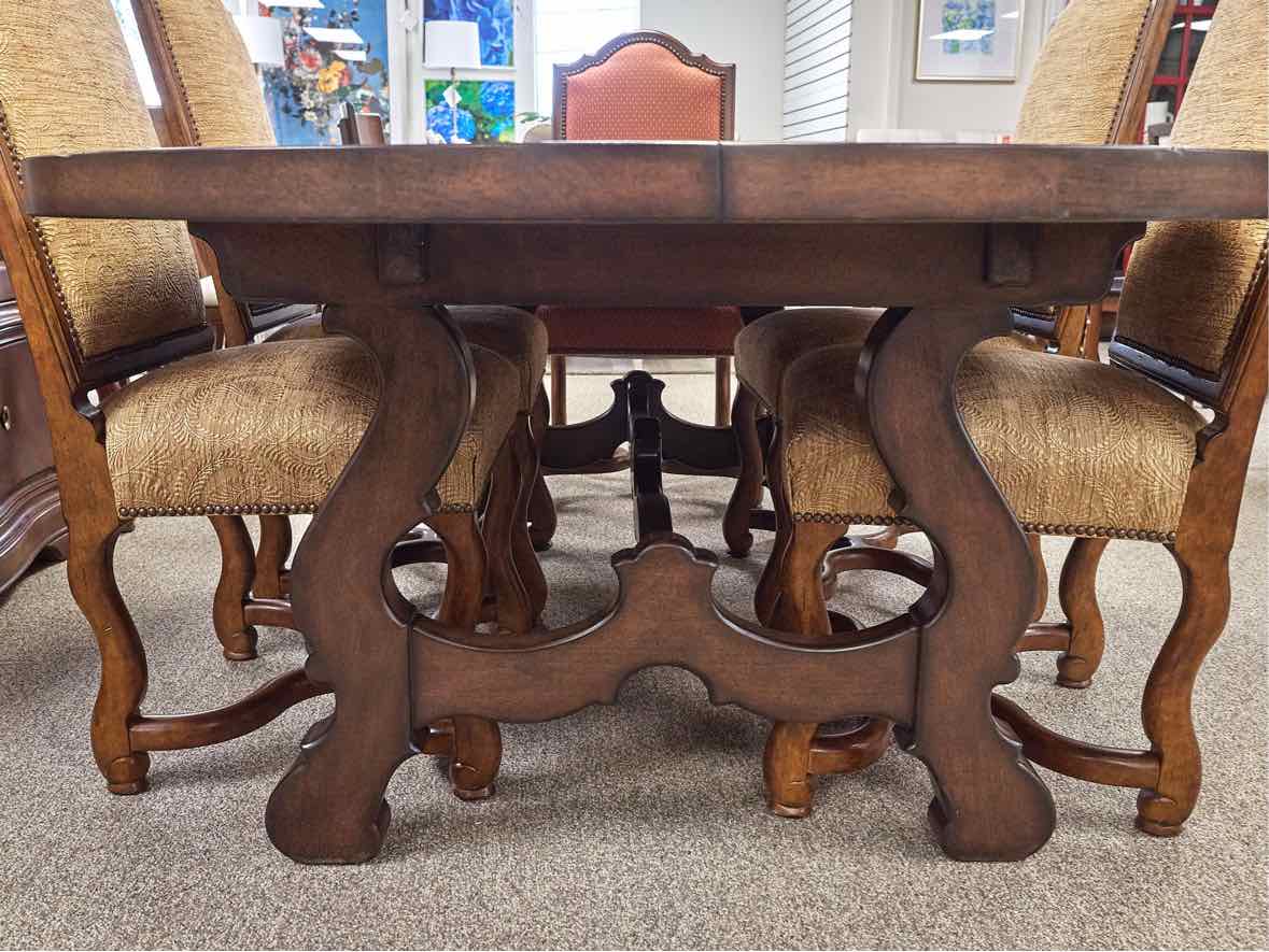 Wood Paneled Dining Table & 8 Fabric Dining Chairs w/ Nail Head Trim