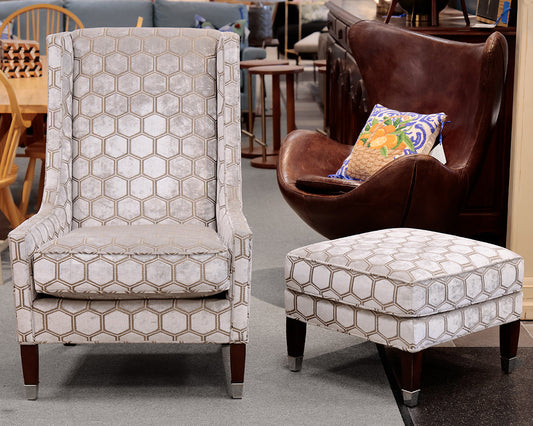 Geometric Patterned Sloped Arm Chair and Matching Ottoman
