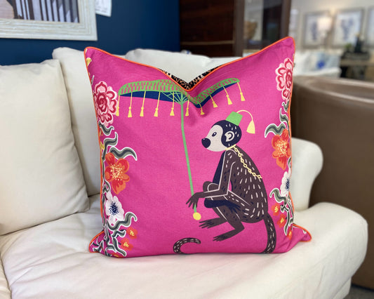 Pink Linen & Cheetah Accent Pillow with Monkey