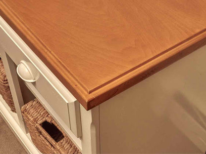 White Media Furniturewith Maple Top with 3 Drawers & 3 Cubbies