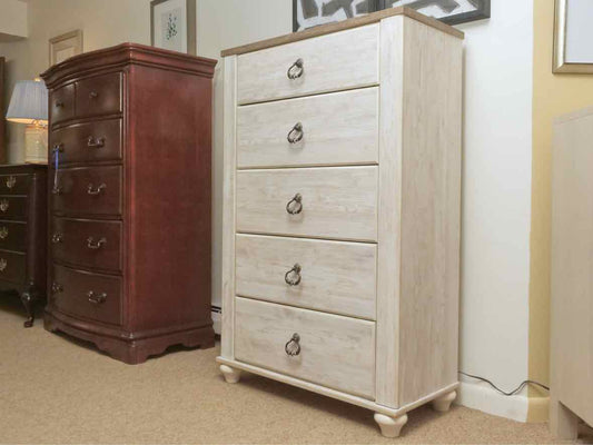 WhiteWashed Finish 5 Drawer Chest with Metal Pulls