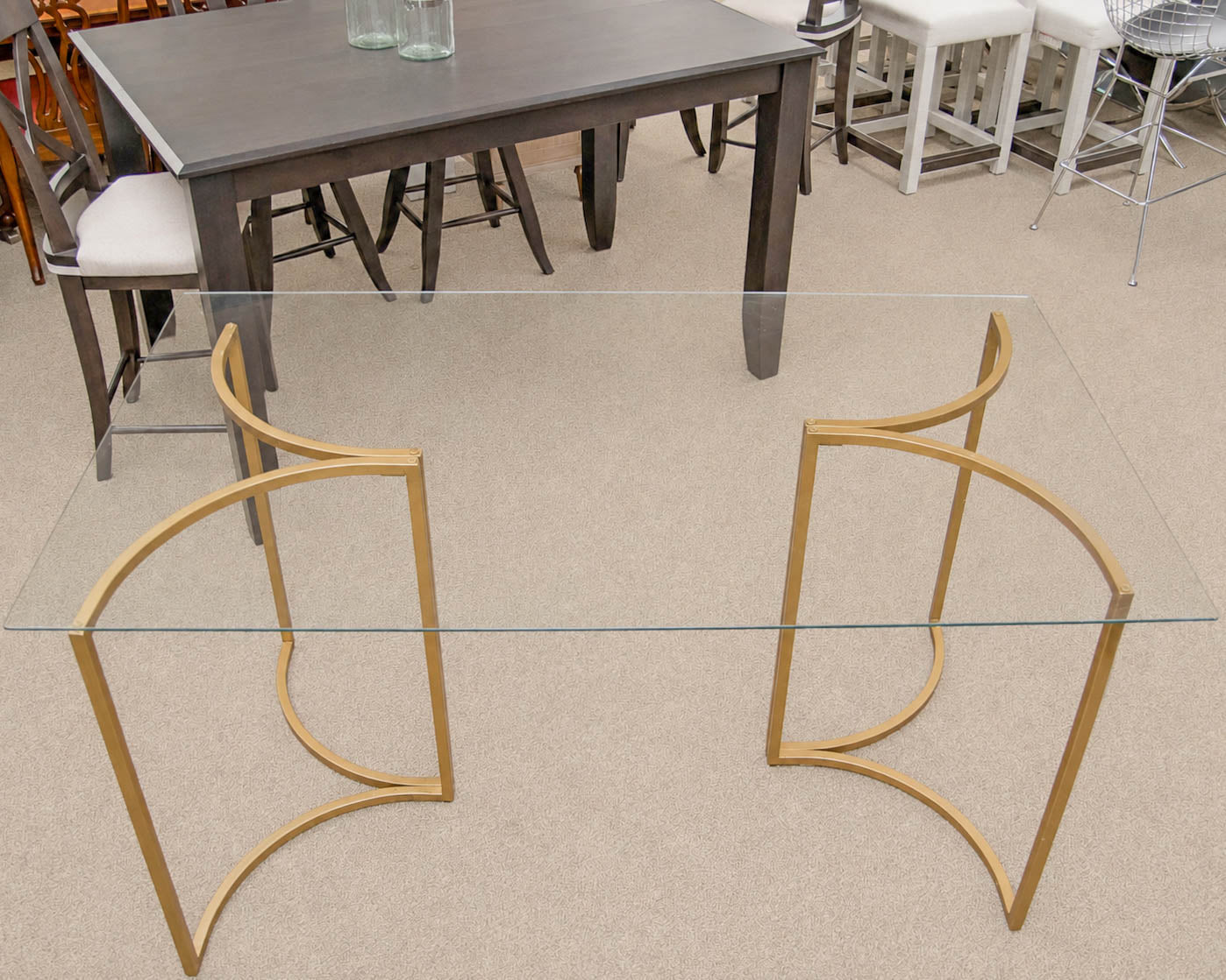 West Elm Rectangular Glass Top Dining Table on Brass Finish Base