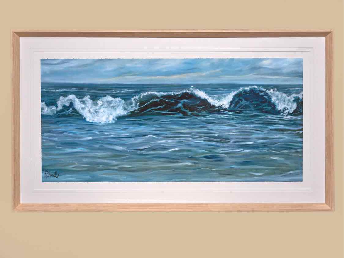 "Waves I" Matted Print on Paper in Natuarl Finish Wood Frame