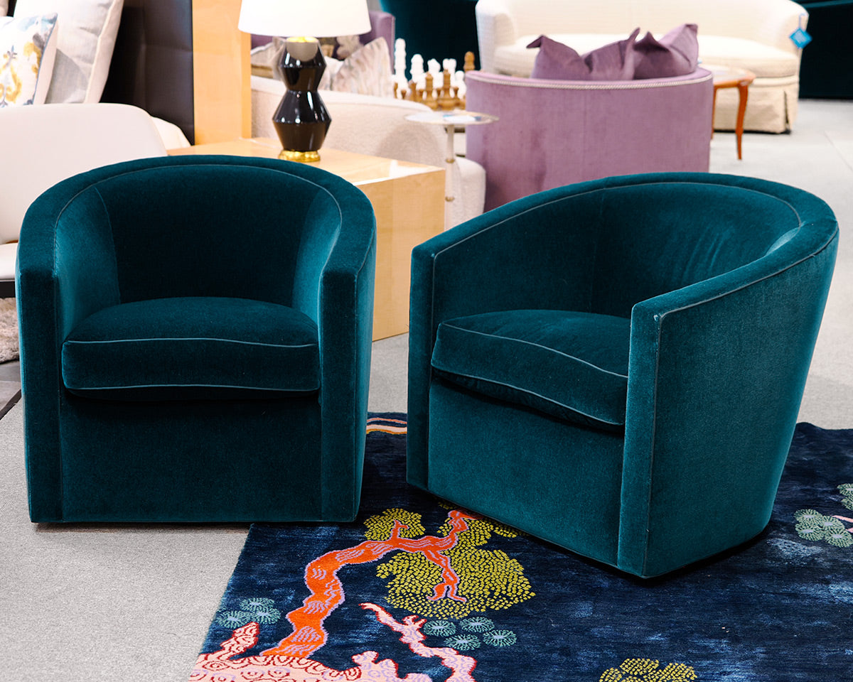 Pair of A. Rudin Custom Upholstered Swivel Chairs