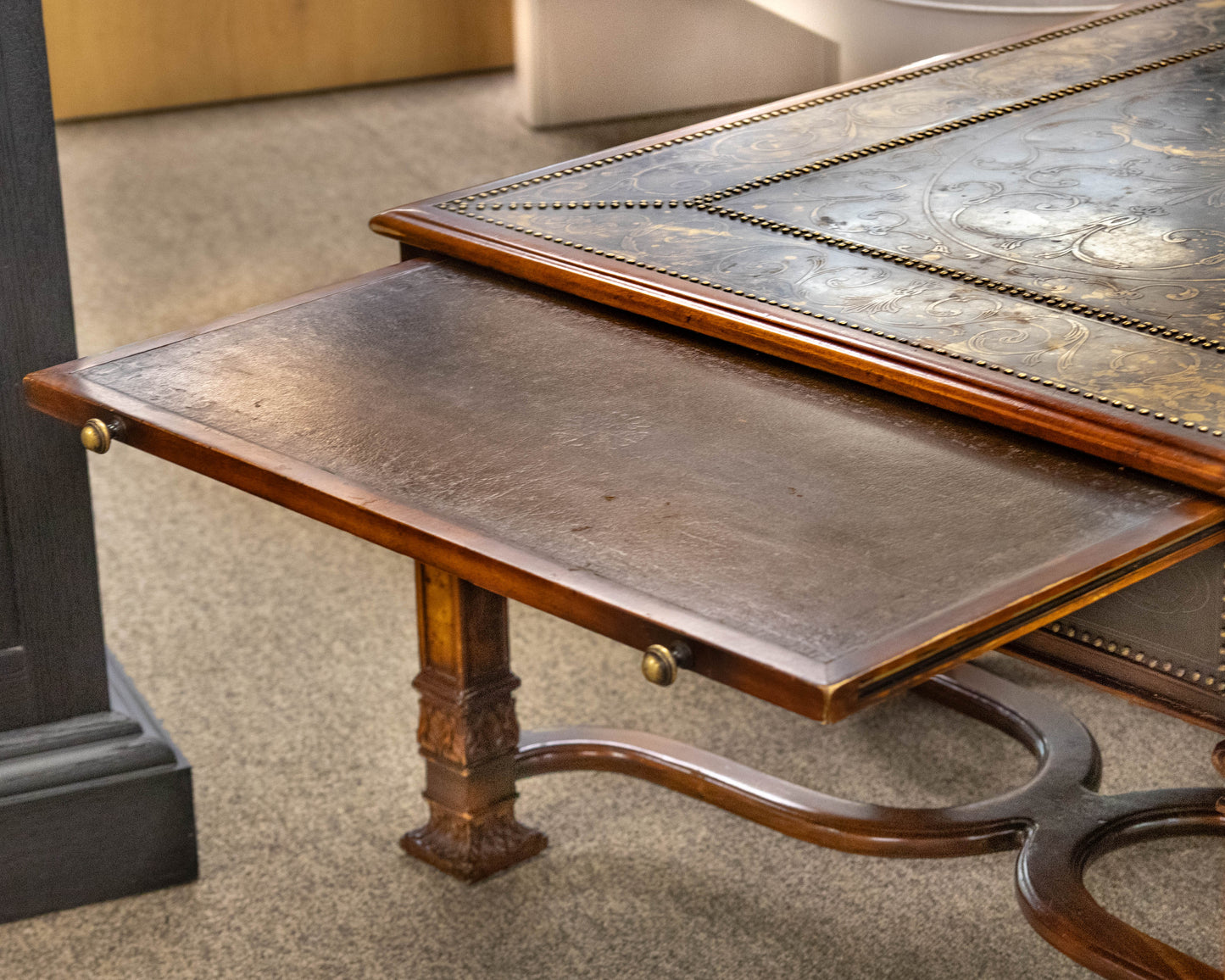 Regency Cocktail Table with Embossed Brass Panels and Side Pullouts