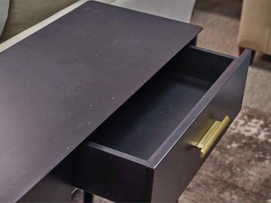 Williams Sonoma Black Metal 2 Drawer Console with Brushed Gold  Pulls
