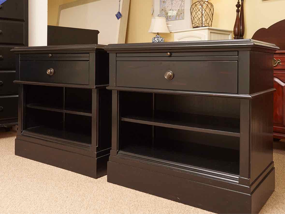 Pair Of Pottery Barn  Black Finish 1 Drawer & Shelf Nightstand Chests
