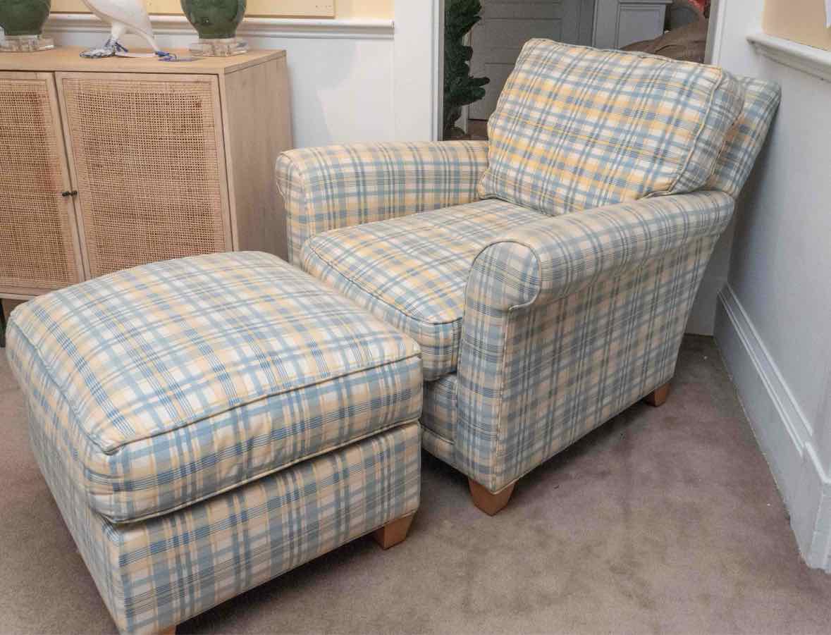 Rowe Sky Blue, Yellow, Ivory Plaid Chair & Ottoman