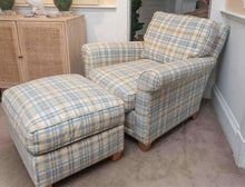 Rowe Sky Blue, Yellow, Ivory Plaid Chair & Ottoman