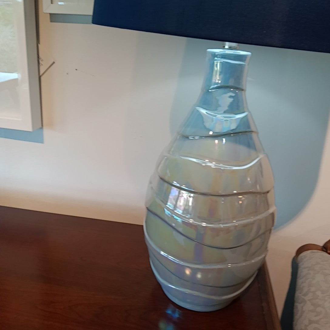 Norman Wyatt Home Crest Pearlescent Blue Ceramic Navy Drum Shade Table Lamp