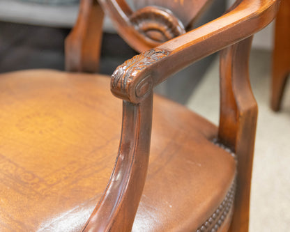 Burlwood Inlaid Round Pedestal Dining Table & Set of 4 Carved Inlaid Armchairs
