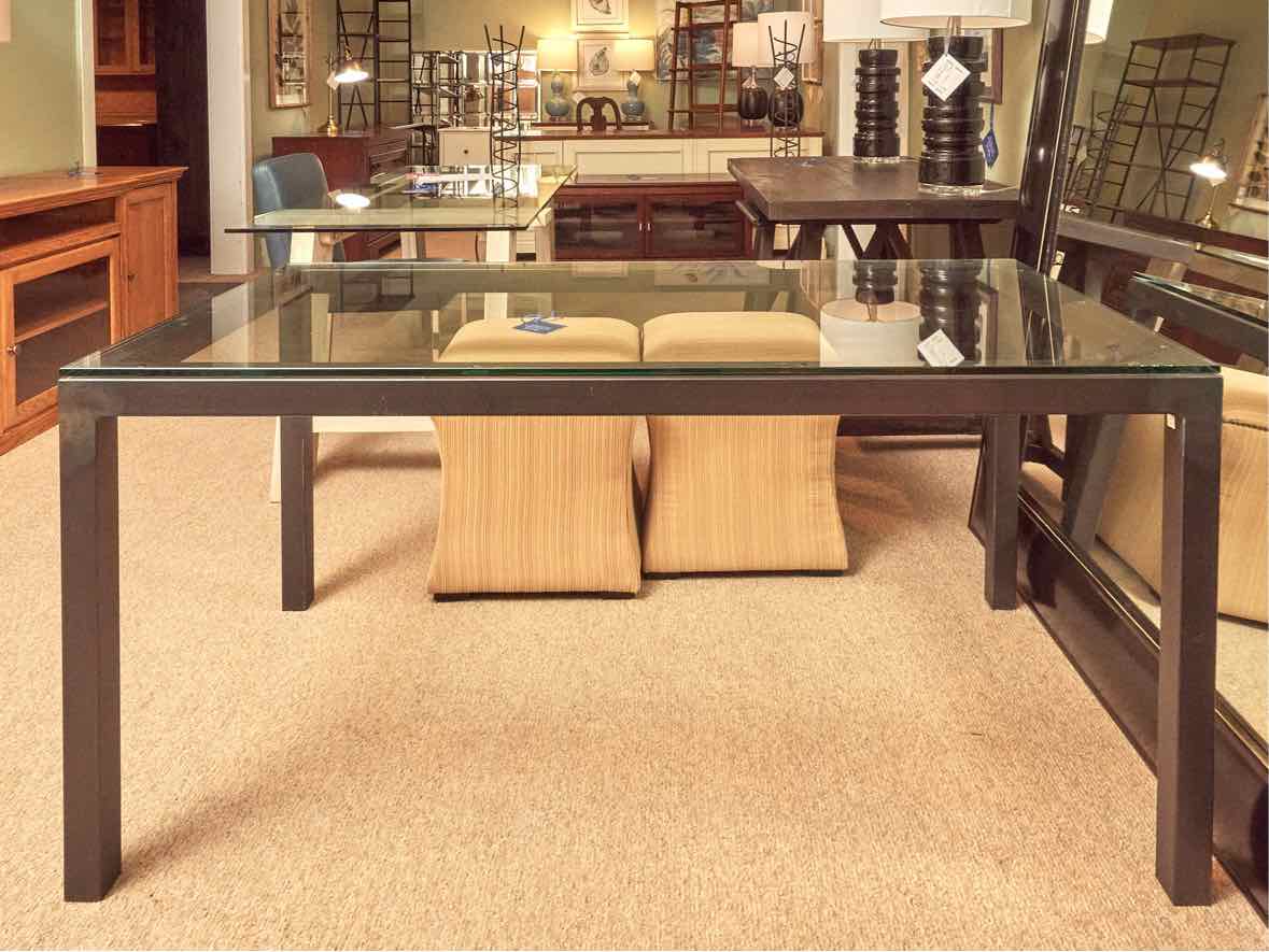 Room & Board Gun Metal Steel Base Dining Table with Glass Top