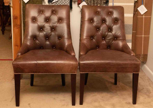 Pair of Tufted Distressed Tobacco Leather Dining Chairs with Naile Head Trim