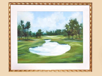 "Golf Course 2" Matted Print in Wavy Gold Frame