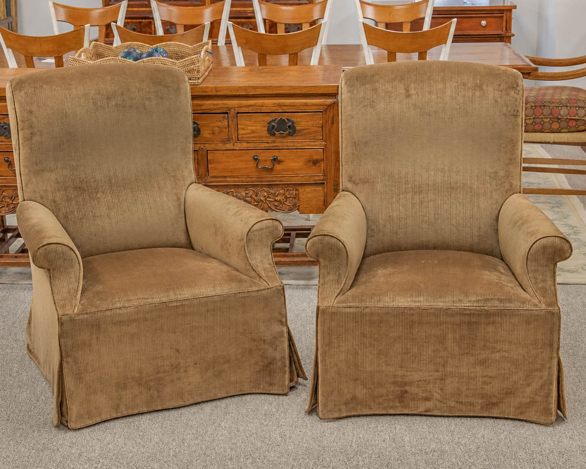 Pair of Rose Tarlow Melrose House 'Edwin' Copper Ribbed Velvet Skirted Chairs