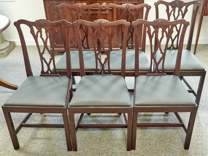 Set of Mahogany Chippendale Style  Dining Chairs with Grey Upholstered Seats