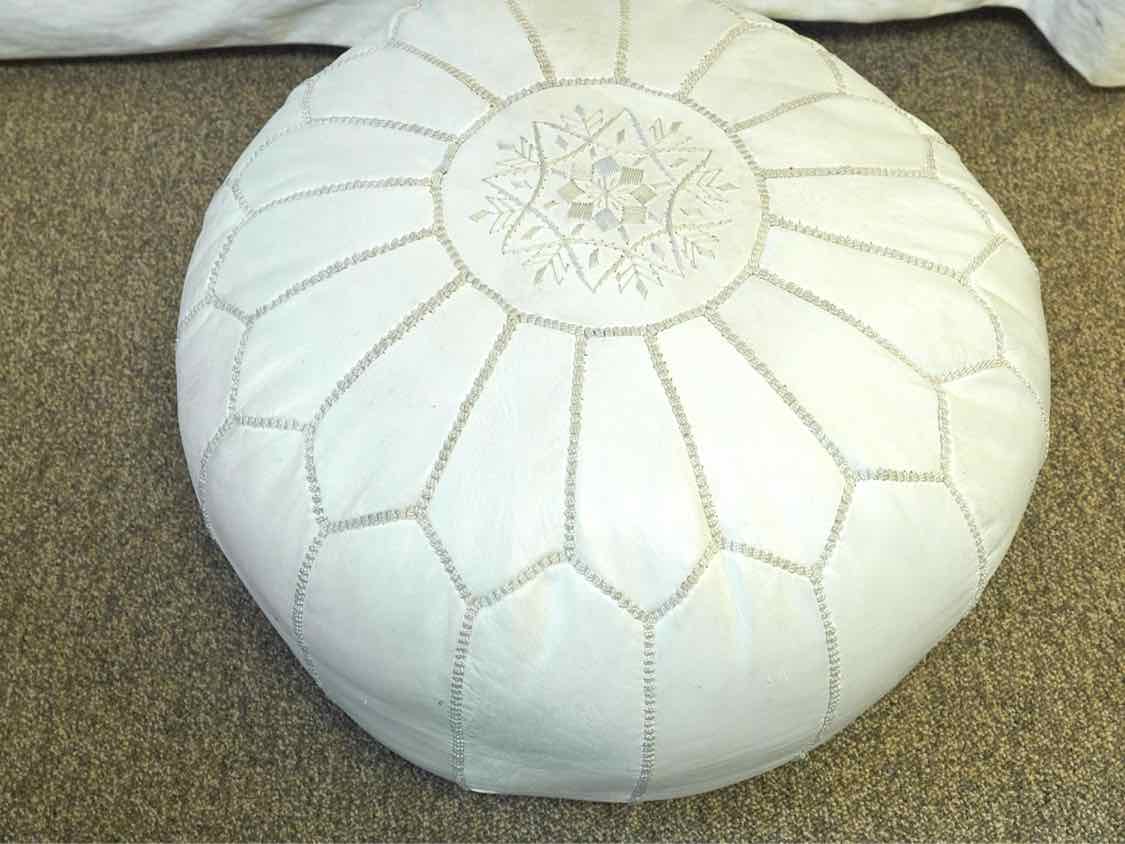 Jonathan Adler White Leather Moroccan Poof