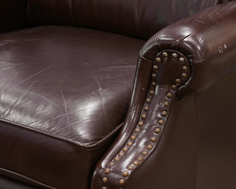 Chocolate Brown Leather Wing Chair Recliner with Brass Nailhead Trim