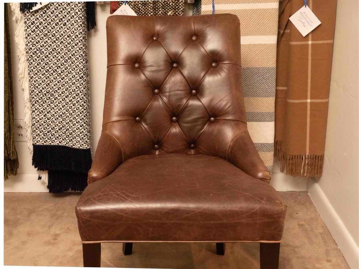 Pair of Tufted Distressed Tobacco Leather Dining Chairs with Naile Head Trim