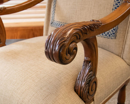 Pair of  Upholstered Burlap  Host & Hostess Carved Arm Dining Chairs