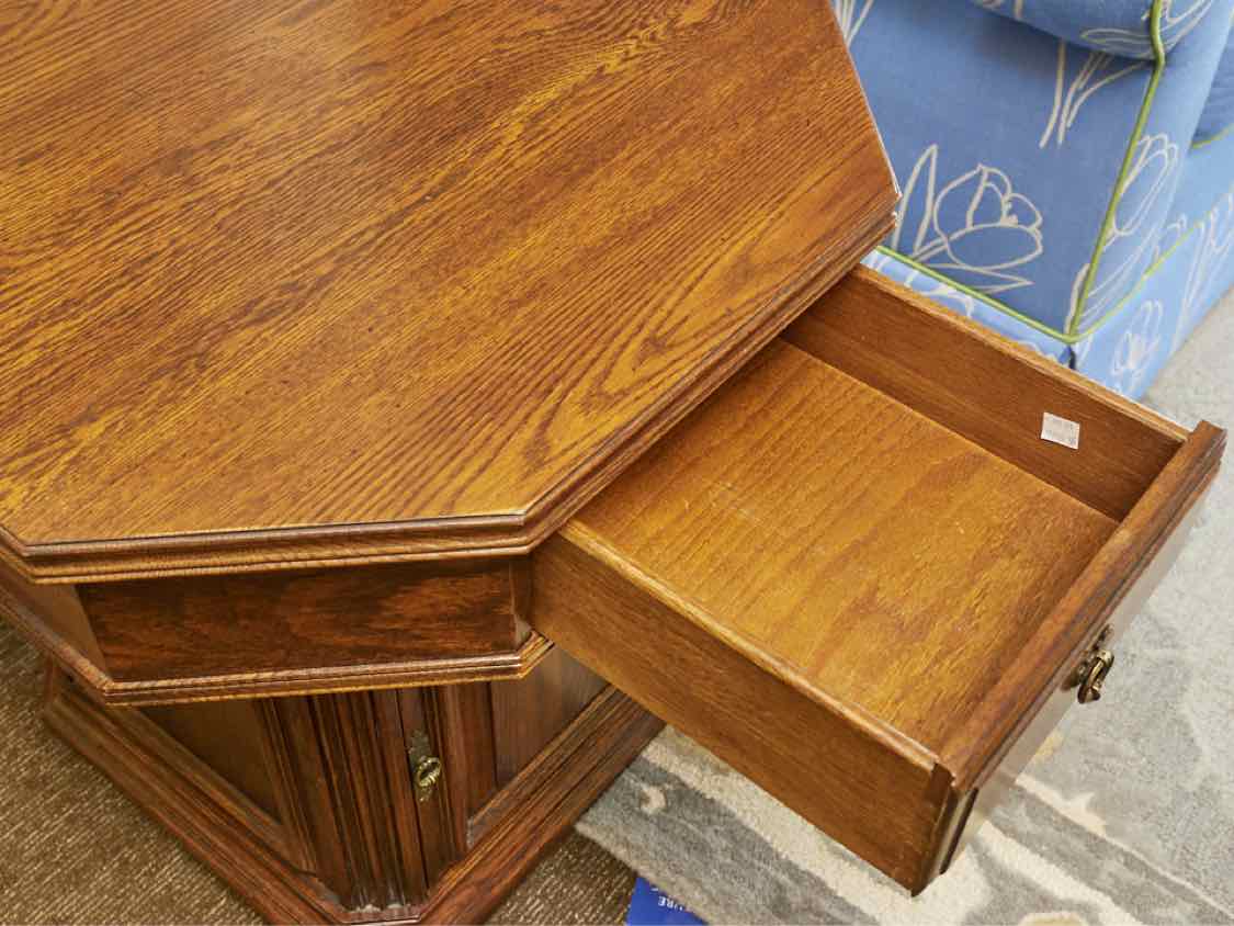 Ethan Allen Oak Octagon Shape 1 Drawer 1 Door Side Table