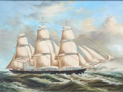 Oil Painting Of Clipper Ship in Gilt Frame