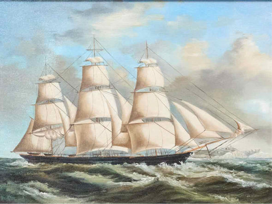 Oil Painting Of Clipper Ship in Gilt Frame