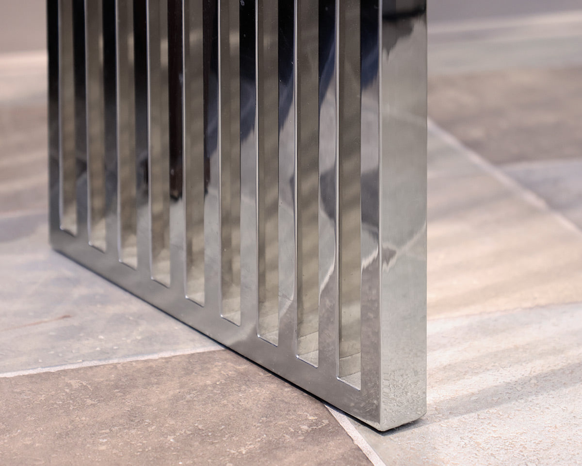 Chrome Glass Console with Modern Slatted Legs