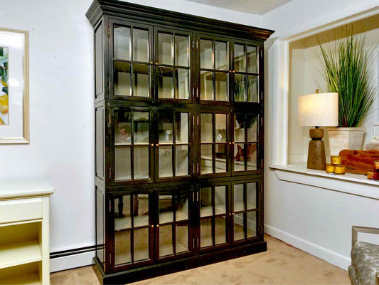 Black Finish 3 Piece Stackable 12 Glass Pane Door Display Cabinet