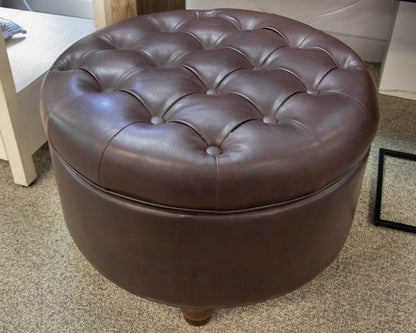 Round Button-Tufted Storage Ottoman in Dark Brown Faux Leather
