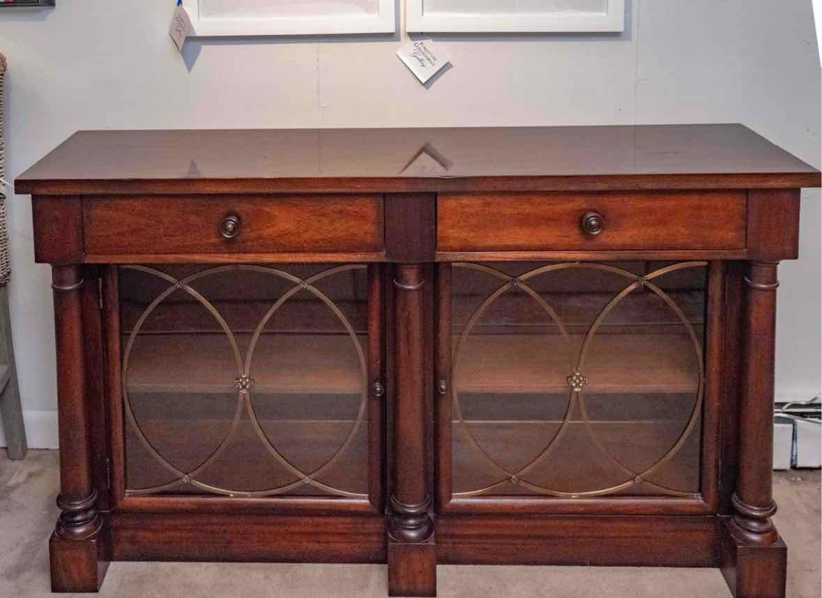 Hickory Chair Inc Cherry 2 Drawer 2 Glass Door Brass Inserts Console