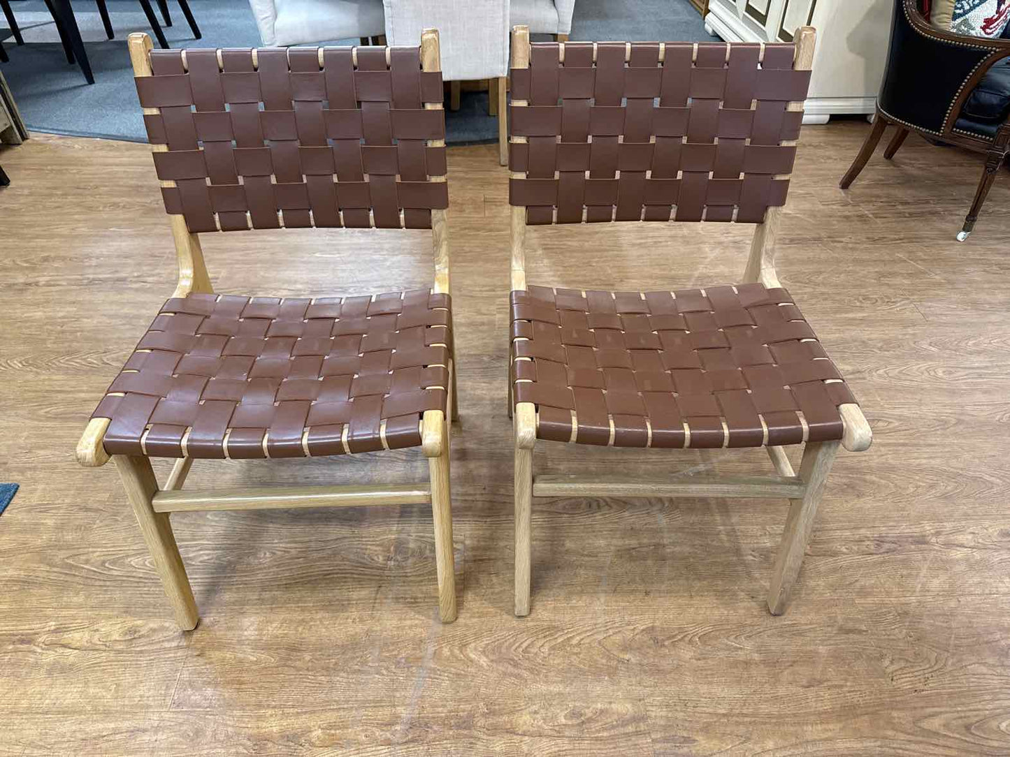 Pair Of Hati Home Woven Leather Oak Dining Chairs