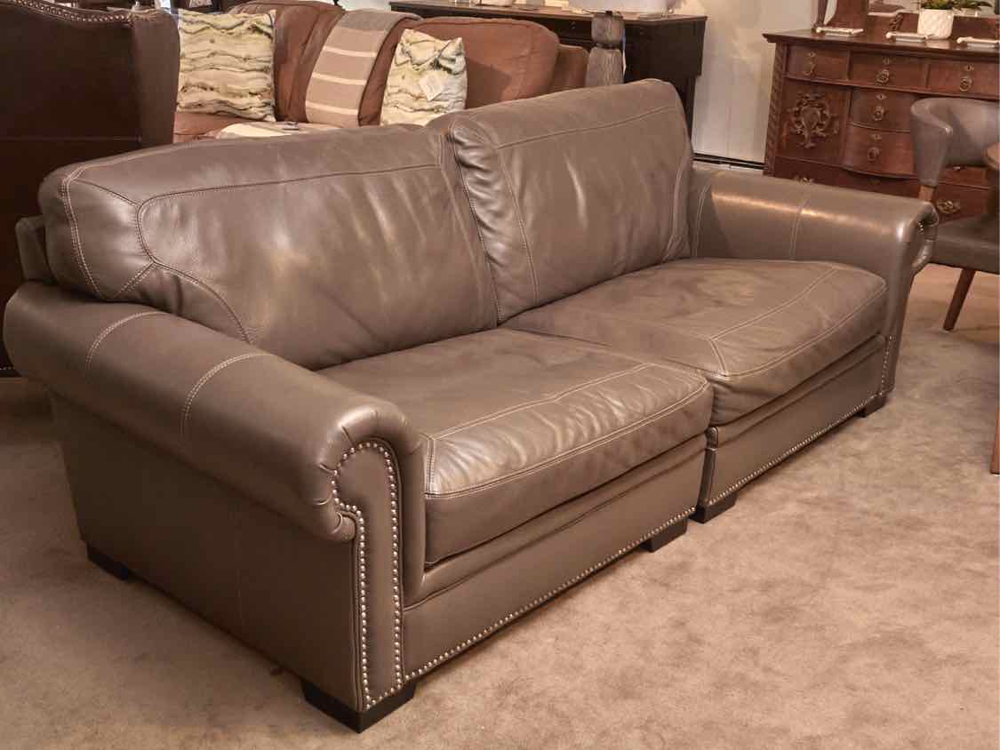 'Mole Grey' 2 Piece Leather Sofa with Nickel Nailhead Trim